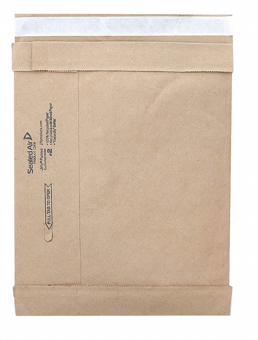 Padded Mailer: 8 1/4 in x 10 1/2 in, 8 1/2 in x 12 in, #2, Recycled Macerated Padding, Kraft, 100 PK