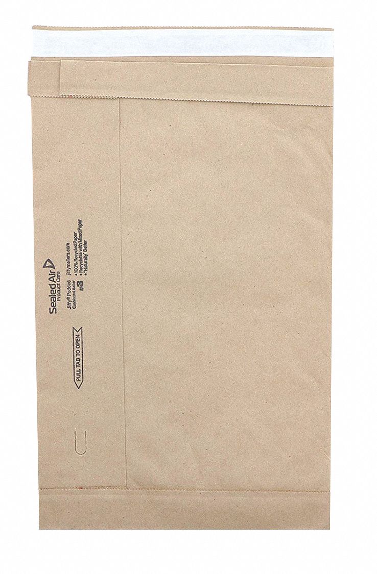 Padded Mailer: 8 1/4 in x 13 in, 8 1/2 in x 14 1/2 in, #3, Recycled Macerated Padding, Kraft, 100 PK