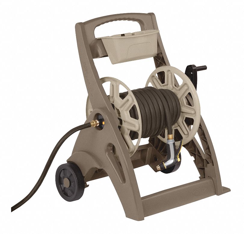 GARDEN HOSE REEL, 225 FT, ⅝ IN ID, 15 IN REEL DIA, TAN, 2 WHEELS, 150 PSI MAX OP PRESSURE