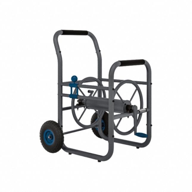 Garden Hose Reel: 200 ft (5/8 in I.D.), 18 in Reel Dia, Gray, 2 Wheels, 150 psi Max Op Pressure