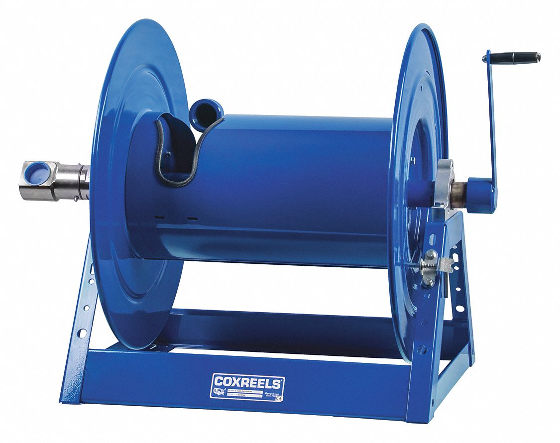 Hand Crank Hose Reel: 100 ft (1 1/2 in I.D.), 24 in L x 35 3/8 in W x 26 in H, TFE/P, Blue