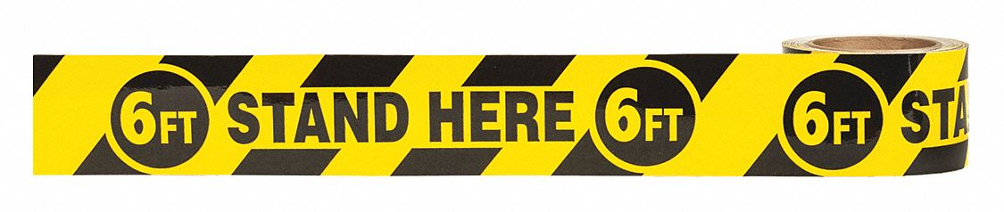 Floor Marking Tape: Message, Message/Striped, Black/Yellow, Social Distancing, 3 in x 108 ft