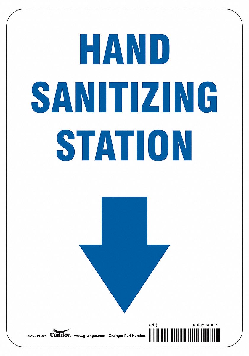 Hand Sanitizing Station Sign: 10 in x 7 in Nominal Sign Size, 0.032 in Thick, Aluminum, White