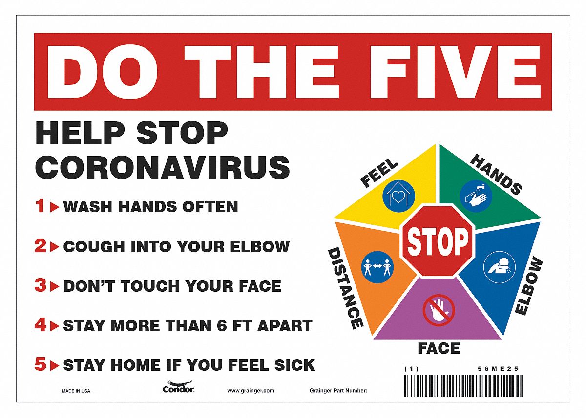 Hygiene Sign: 7 in x 10 in Nominal Sign Size, Vinyl, White, Not Retroreflective