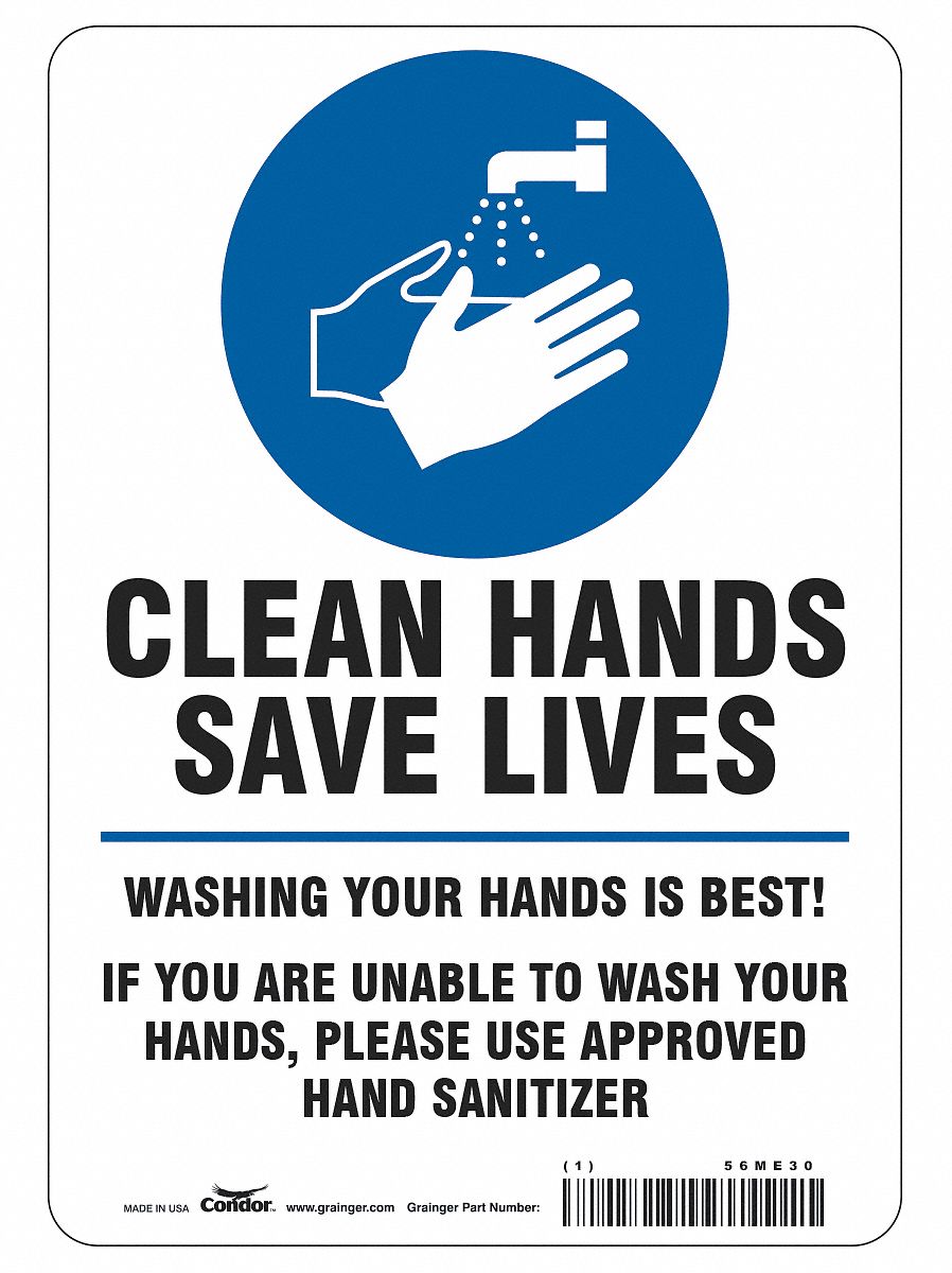 Hygiene Sign: 10 in x 7 in Nominal Sign Size, Vinyl, White, Not Retroreflective