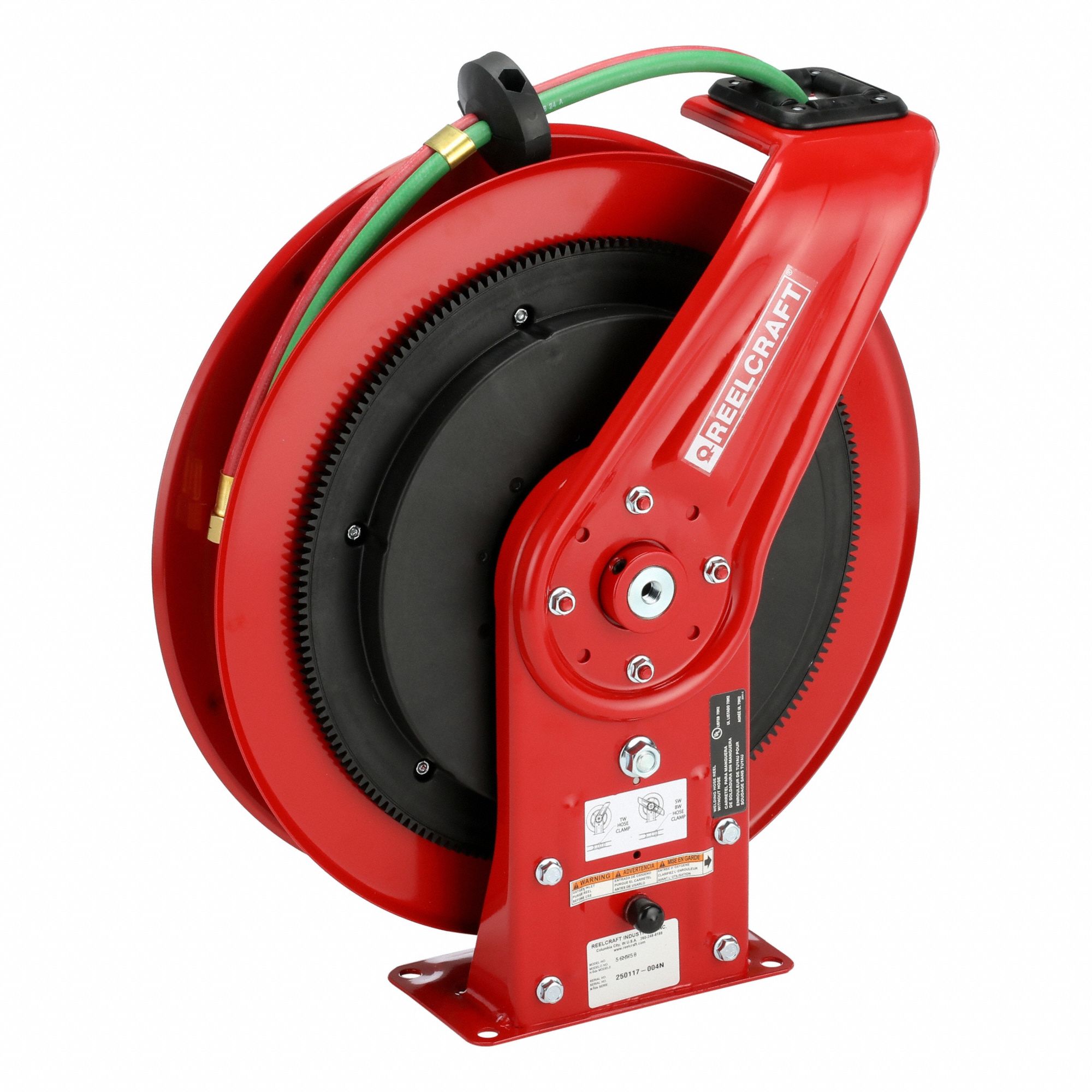 Welding Hose Reel: 50 ft (1/4 in I.D.), 9/16 in F UNF, 200 psi Max Op Pressure, Aluminum