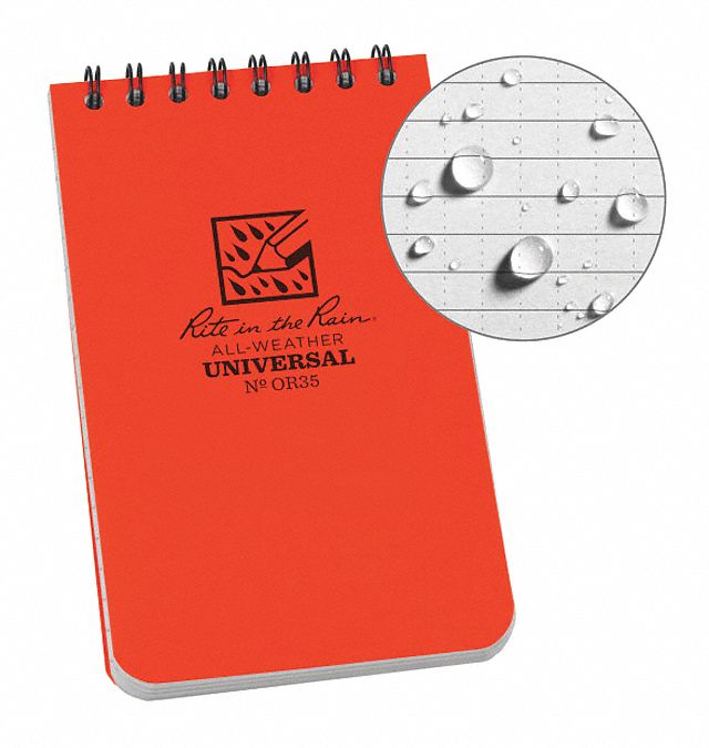 Notebook: 3 in x 5 in Sheet Size, Orange, Polydura, Gray, Universal, Wirebound