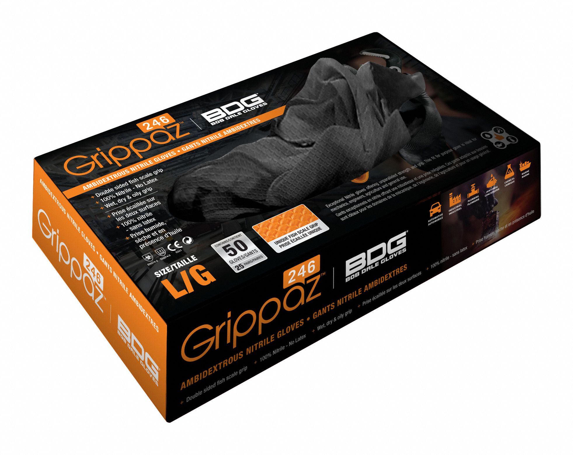 DISPOSABLE GLOVES, 9 1/2 IN L/6 MIL THICK, SZ 11/XXL, BLK, NITRILE, BX 50