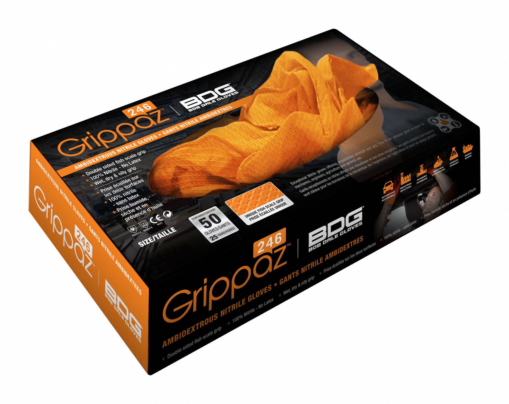DISPOSABLE GLOVES, 9 1/2 IN L/6 MIL THICK, SZ 8/M, ORNG, NITRILE, BX50