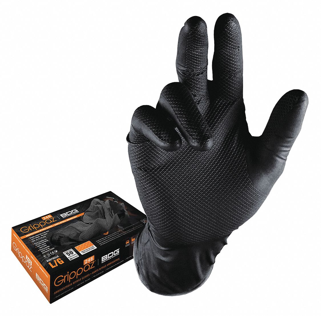 DISPOSABLE GLOVES, 9 1/2 IN L/6 MIL THICK, SIZE 8/M, BLK, NITRILE, BX 50