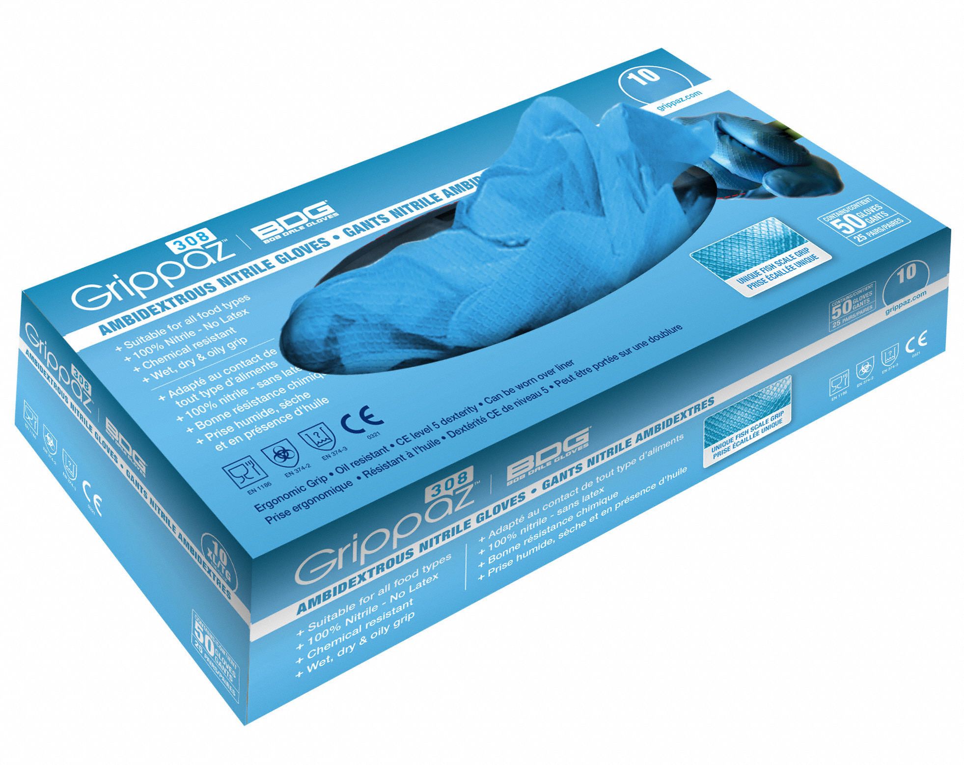 DISPOSABLE GLOVES, 12 IN L/8 MIL THICK, SZ 11/XXL, BLUE, NITRILE, BX 50