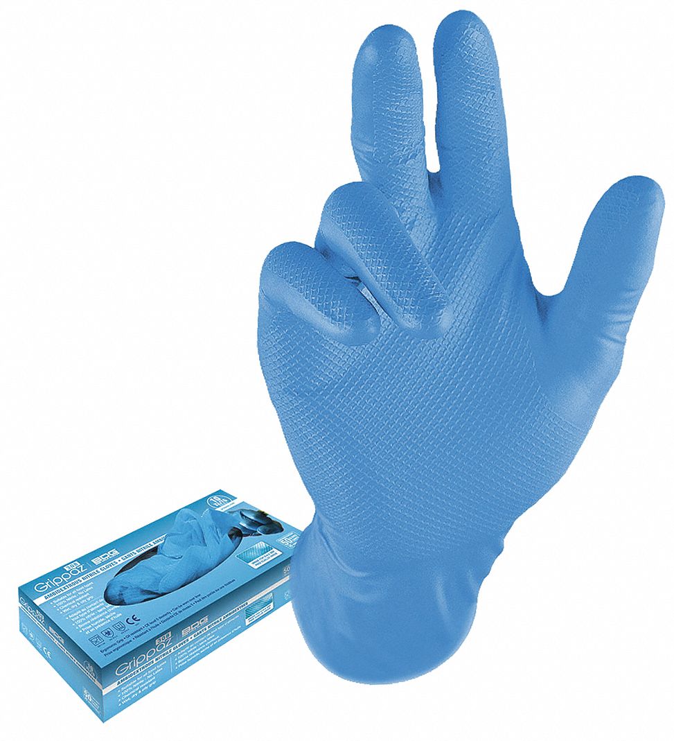 DISPOSABLE GLOVES, 12 IN L/8 MIL THICK, SZ 7/S, BL, NITRILE, BX 50