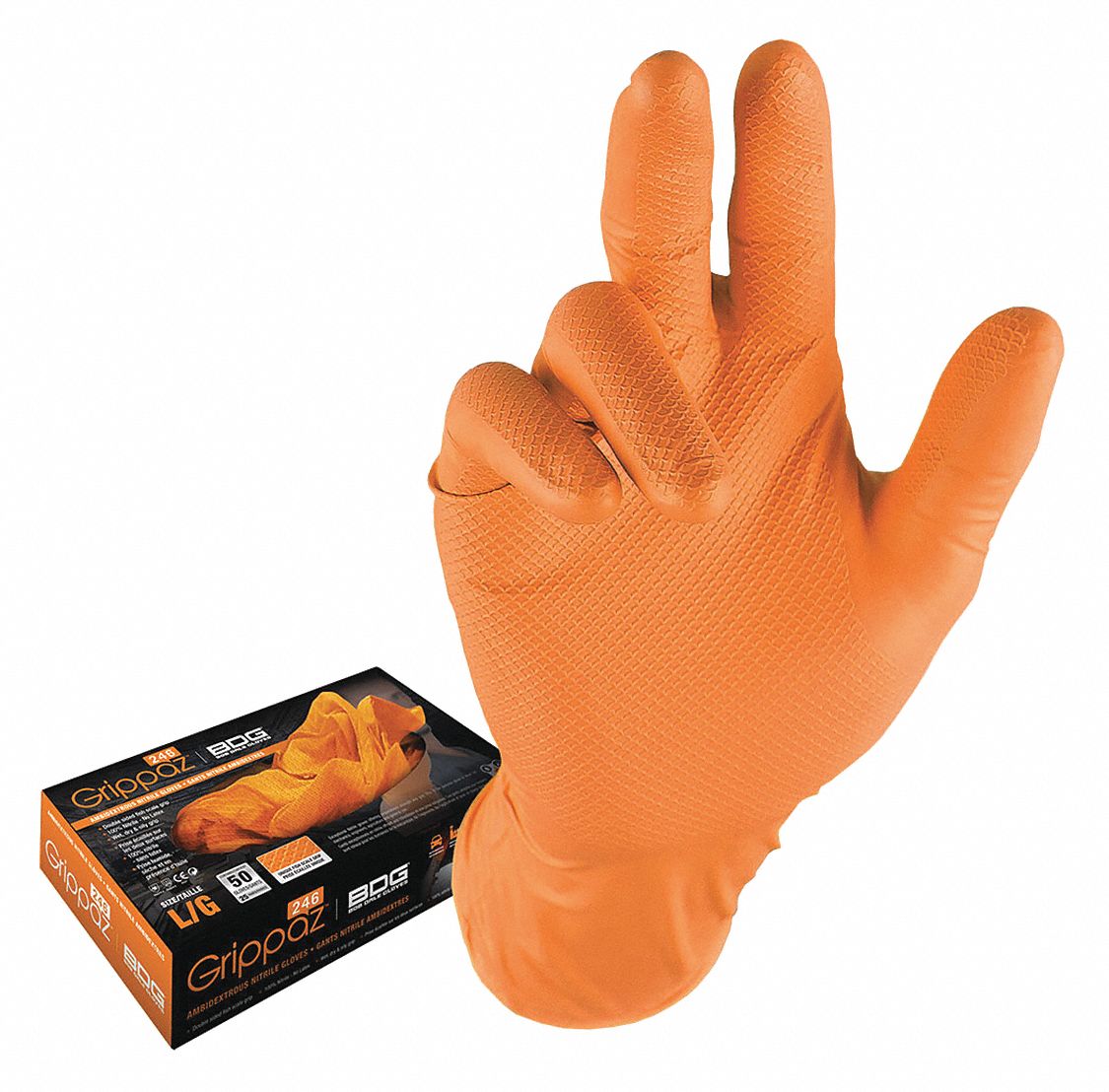 DISPOSABLE GLOVES, 9 1/2 IN L/6 MIL THICK, SZ 7/S, ORNG, NITRILE, BX50