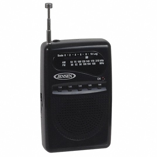 Radio: Batteries, 0 Alarms, Black, Black, 6 in Radio Overall Wd, 6 in Radio Overall Dp