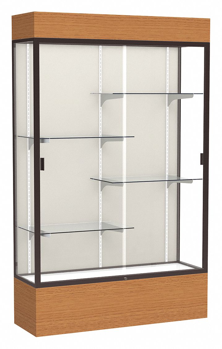Floor Display Case: 80 in Ht, 48 in Lg, 16 in Dp, 25 lb Shelf Capacity, Carmel Oak