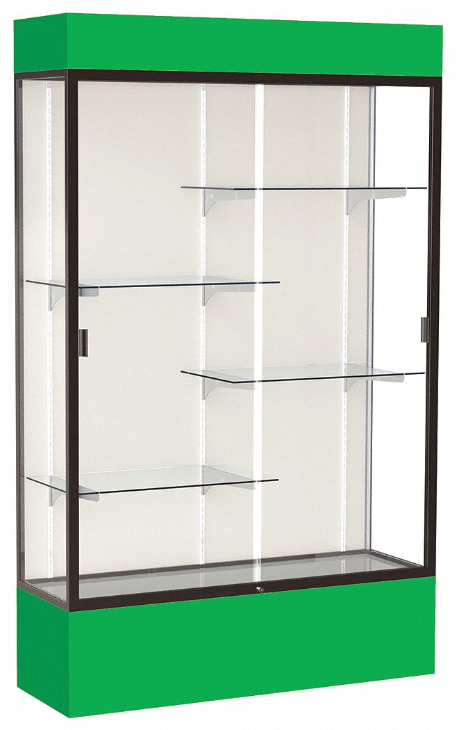 Floor Display Case: 80 in Ht, 48 in Lg, 16 in Dp, 25 lb Shelf Capacity, Green