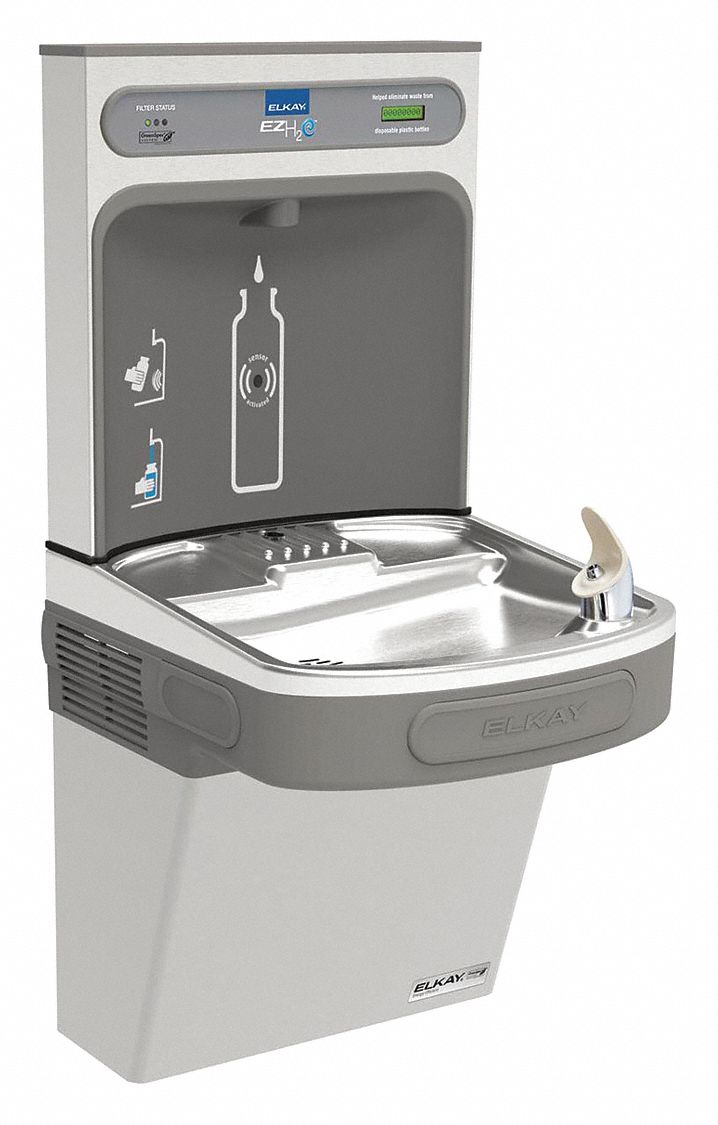 Drinking Fountain with Bottle Filler: On-Wall, 8 gph @ 50°F, Stainless Steel, Gray