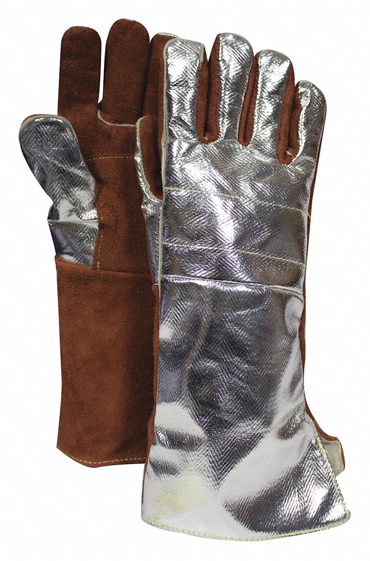 THERMAL LEATHER GLOVES W/SNAP ADJUSTMENT, UNIVERSAL, 16½ IN, BR, ALUMINIZED RAYON