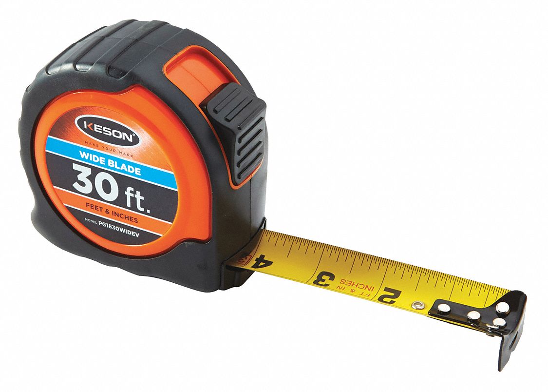 Tape Measure: Nonmagnetic Single Hook Tip, 30 ft, Plastic with Rubberized Grip, Black