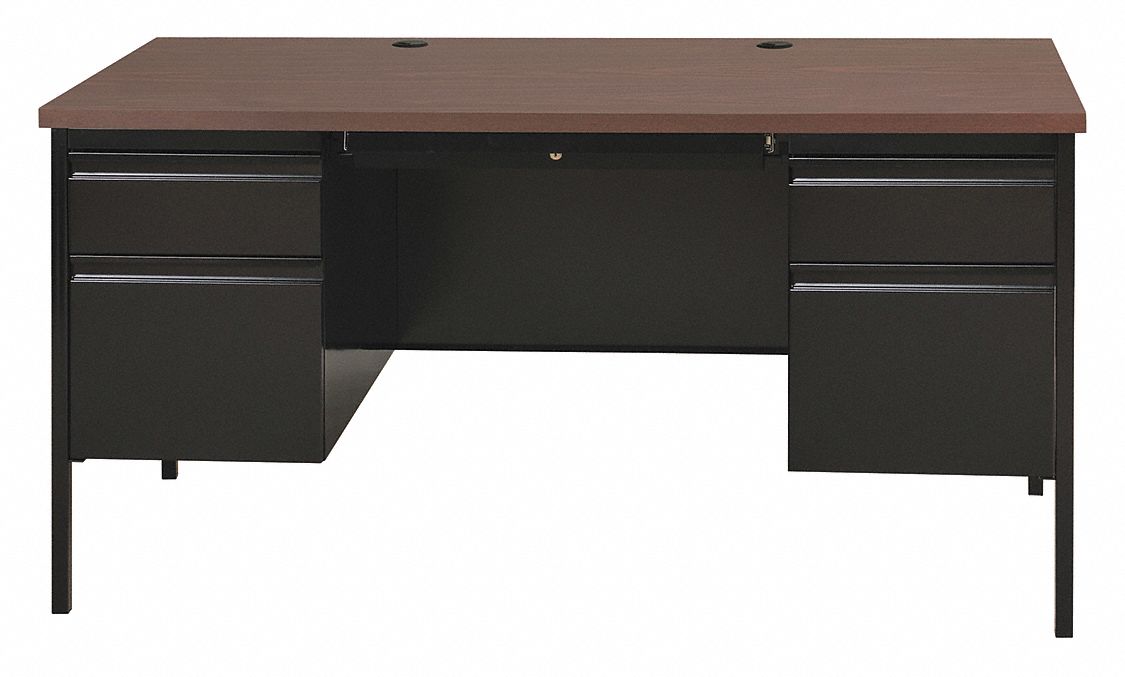 HIRSH Office Desk: Pedestal Desks Series, 60 in Overall Wd, 29 1/2 in, 30  in Overall Dp, Brown Top