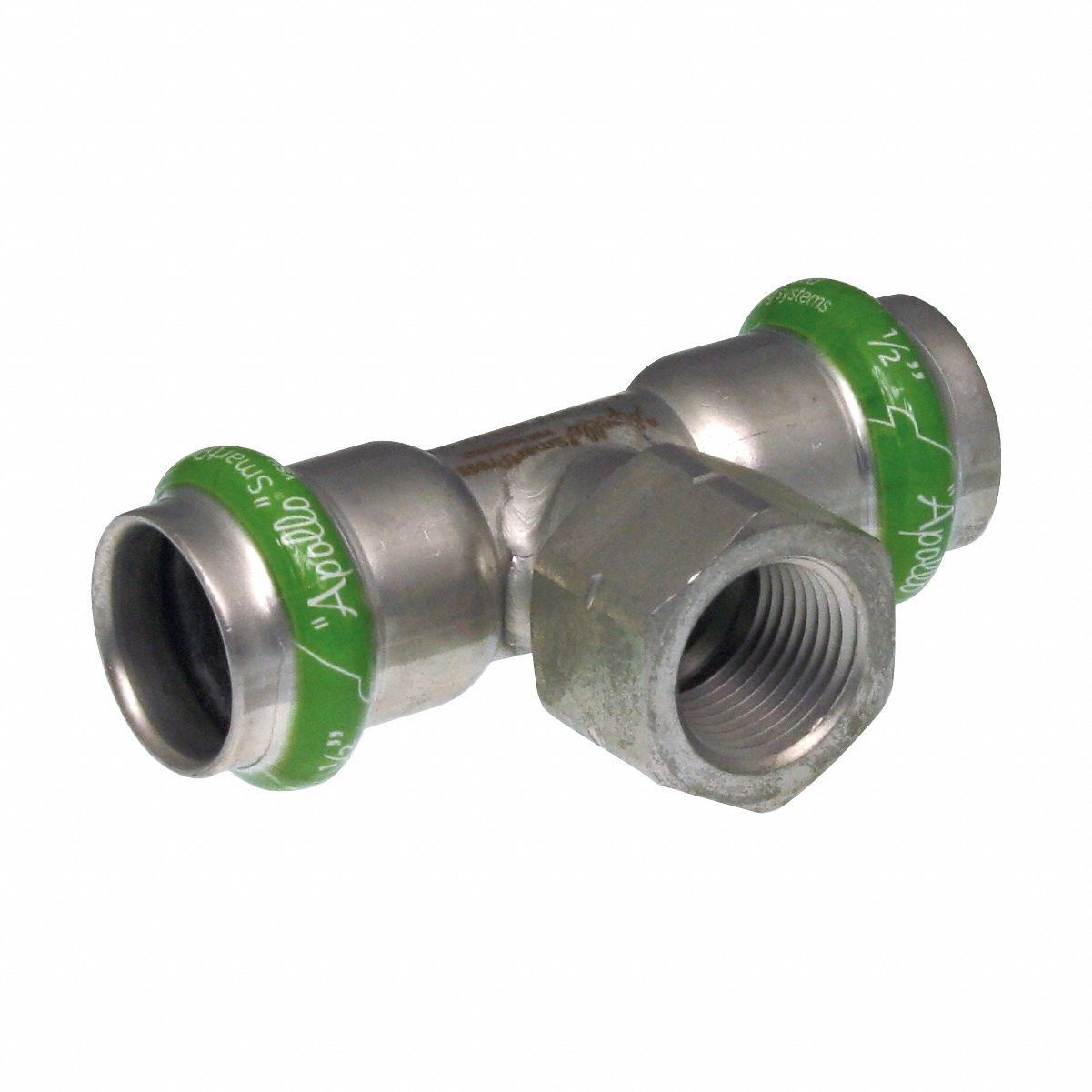 Crimp Tee Fitting: 1 1/2 in Pipe x 1 in Pipe x 1 1/2 in CTS Size, EPDM, SmartPress