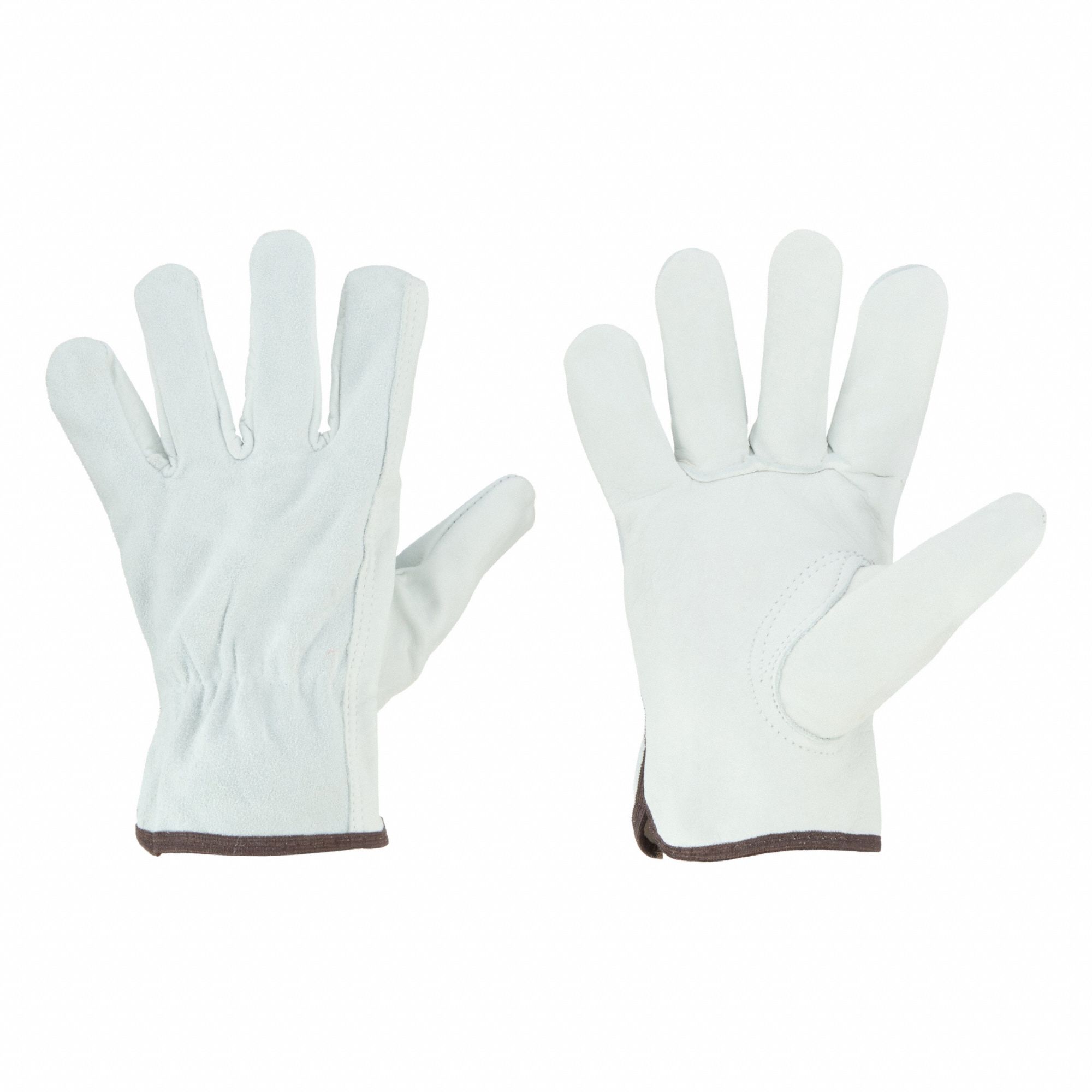 Leather Gloves: L ( 9 ), Cowhide, Premium, Glove, Full Finger, Shirred Slip-On Cuff, Gray, 12 PK