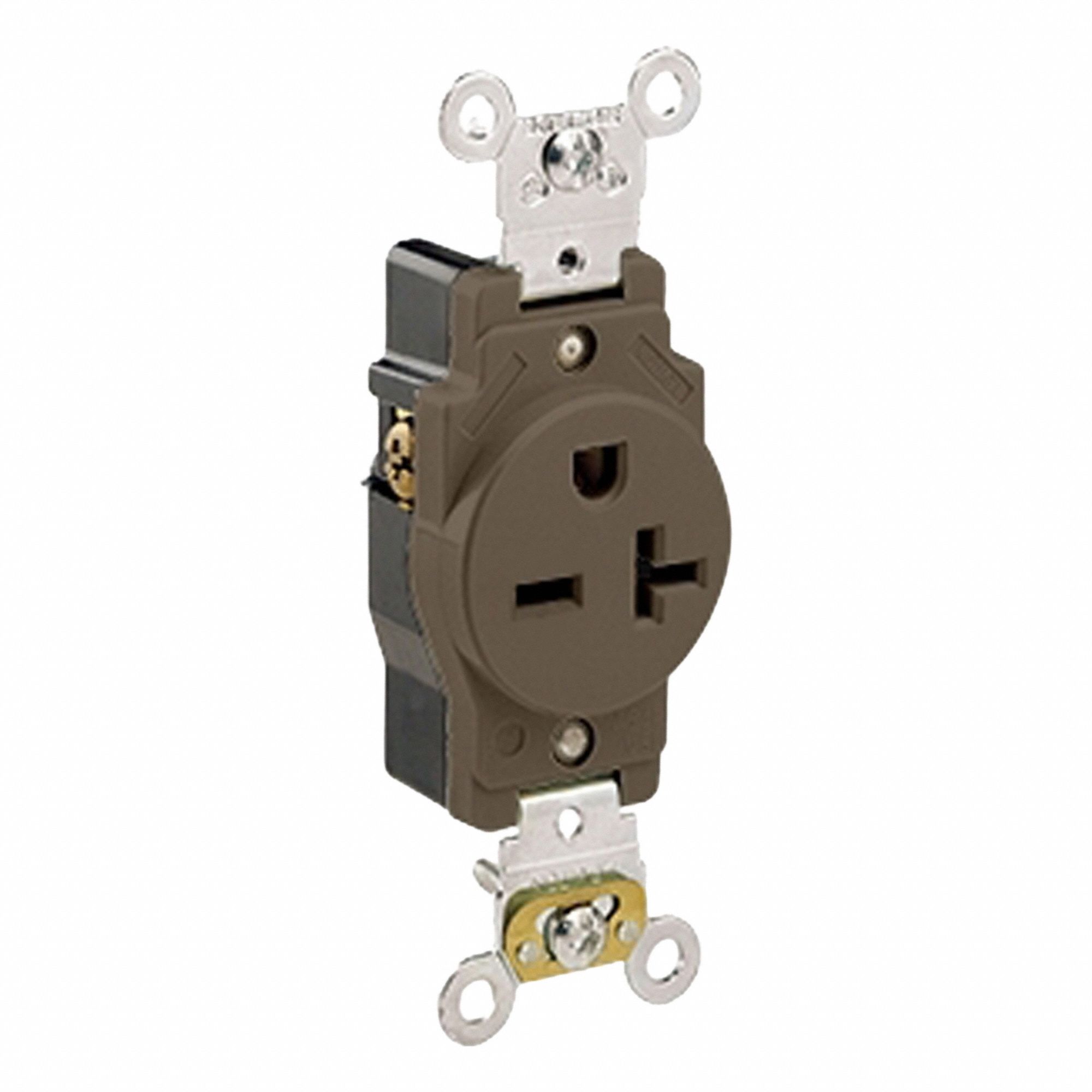 Single Receptacle Outlet: Single, 6-20R, 250V AC, 20 A, Brown, 2 Pole / 3 Wire