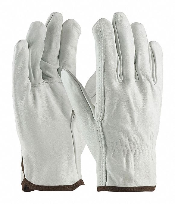 Leather Gloves: L ( 9 ), Cowhide, Premium, Glove, Full Finger, Shirred Slip-On Cuff, Gray, 12 PK