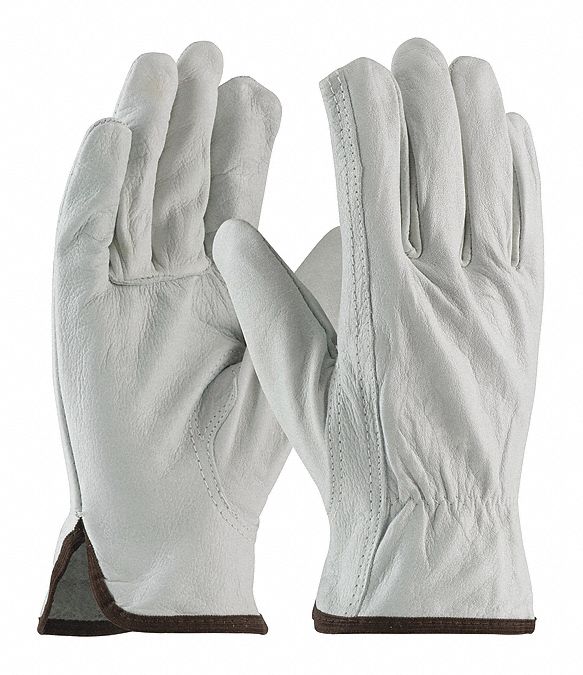 Leather Gloves: 2XL ( 11 ), Cowhide, Std, Glove, Full Finger, Shirred Slip-On Cuff, Gray, 12 PK