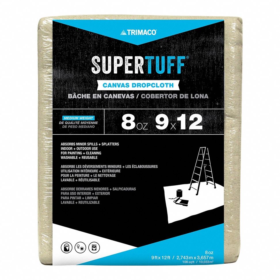 DROP CLOTH, EXTRA HEAVY DUTY, CANVAS, 320 MIL THICK, 9 FT W, 12 FT L