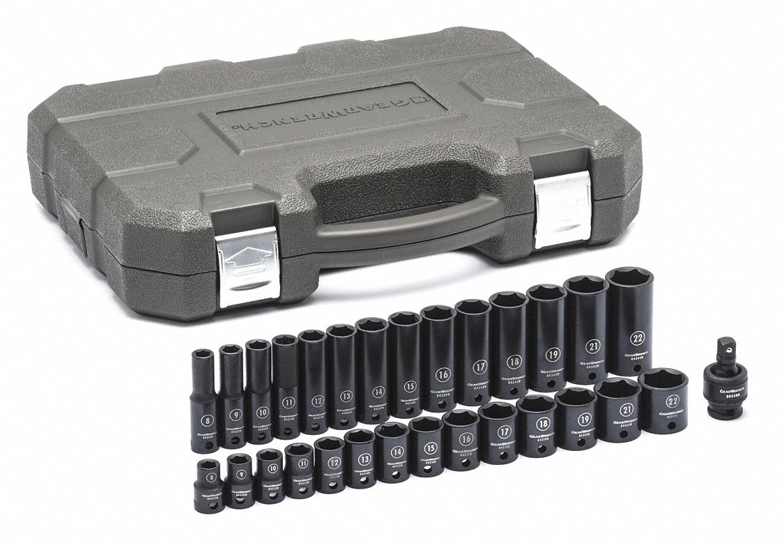 Metric Impact Socket, 3/8" D, 6pt., 29pcs.