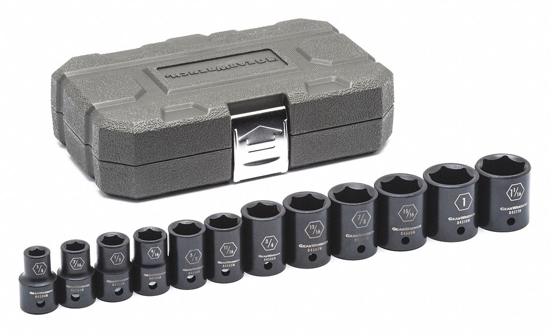 SAE Impact Socket Set, 1/2" D, 12pcs.