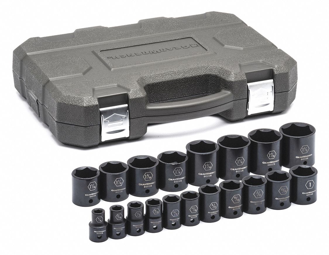 SAE Impact Socket Set, 1/2" D, 19pcs.