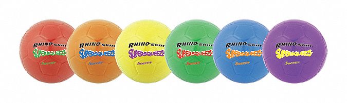 Soccer Ball Set: 8 in Overall Dia, Foam, Blue/Green/Orange/Purple/Red/Yellow