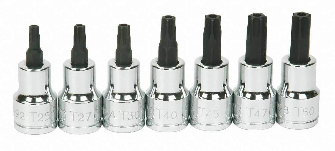 Socket Set, 3/8" D, Torx Tamp Res, 7pcs.