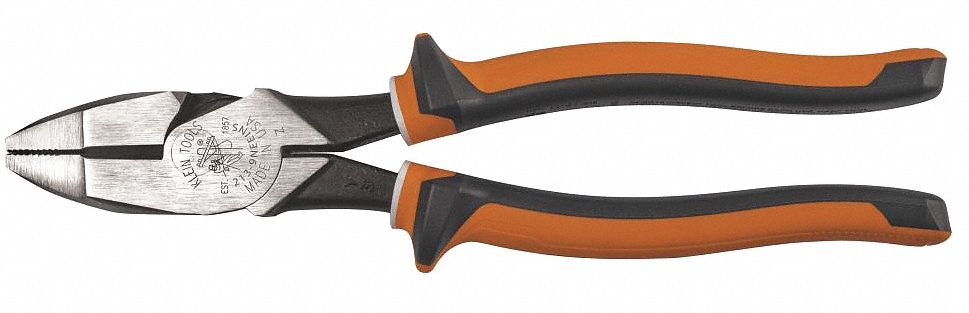 Linemans Plier: Insulated, Flat, 9 1/2 in Overall Lg, 1 5/8 in Jaw Lg, 1 3/8 in Jaw Wd, 9 - 11 in