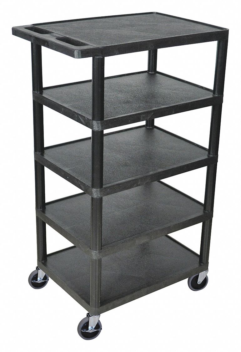 Utility Cart with Lipped Plastic Shelves: 300 lb Load Capacity, 24 in x 18 in, Black