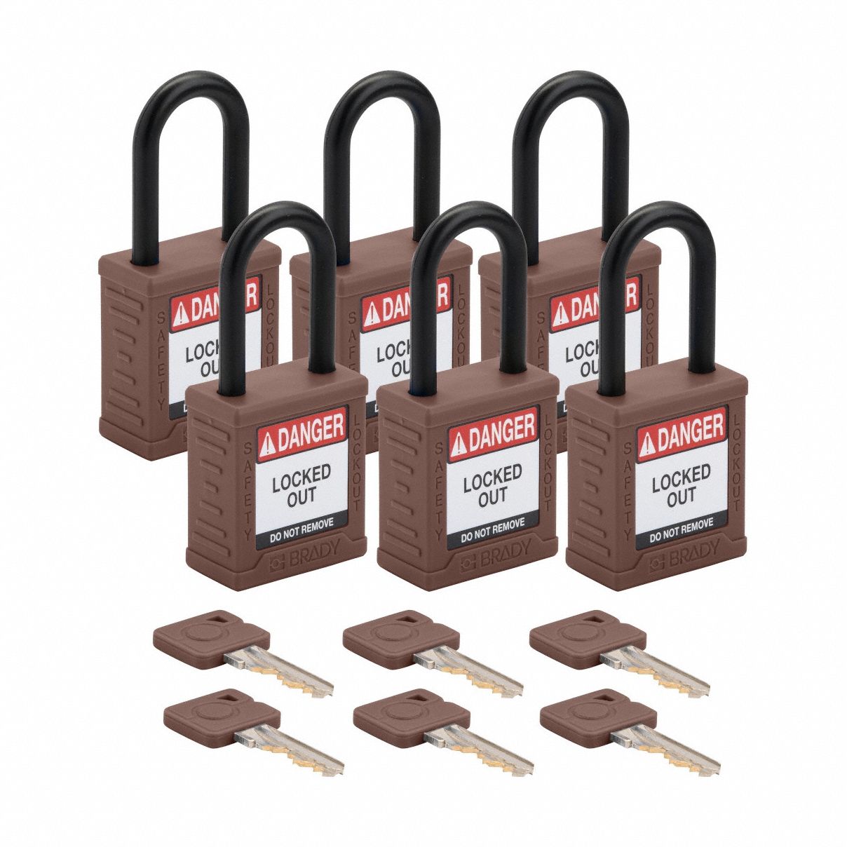 Lockout Padlock: Keyed Alike, Nylon, Std Body Body Size, Plastic, Std, Brown, 6 Pack Size