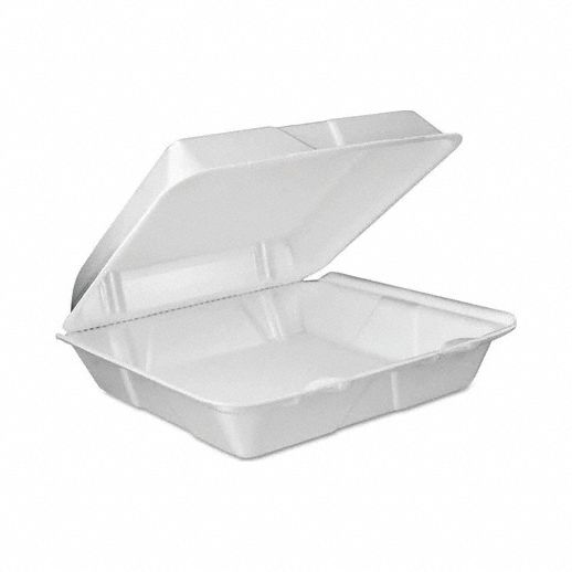 Disposable Carry-Out Food Container: White, Hinged Lid Container Container, Foam, 200 PK