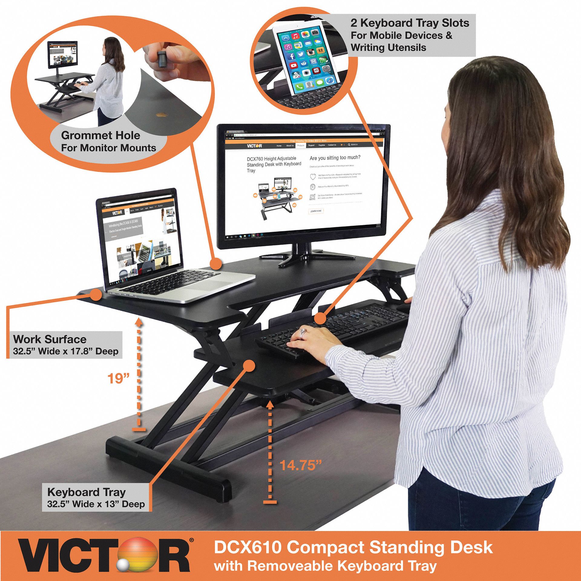 VICTOR Adjustable Standing Desk Workstation High Rise(TM) Series, 32 1