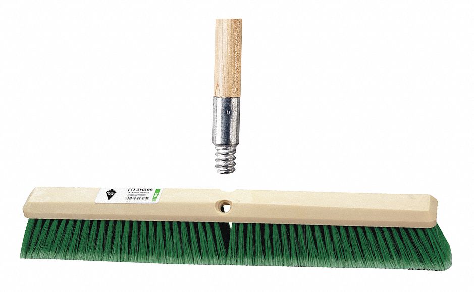 Push Broom: 24 in Sweep Face, Soft, Synthetic, Green Bristle, 3 in Bristle Lg, Wood