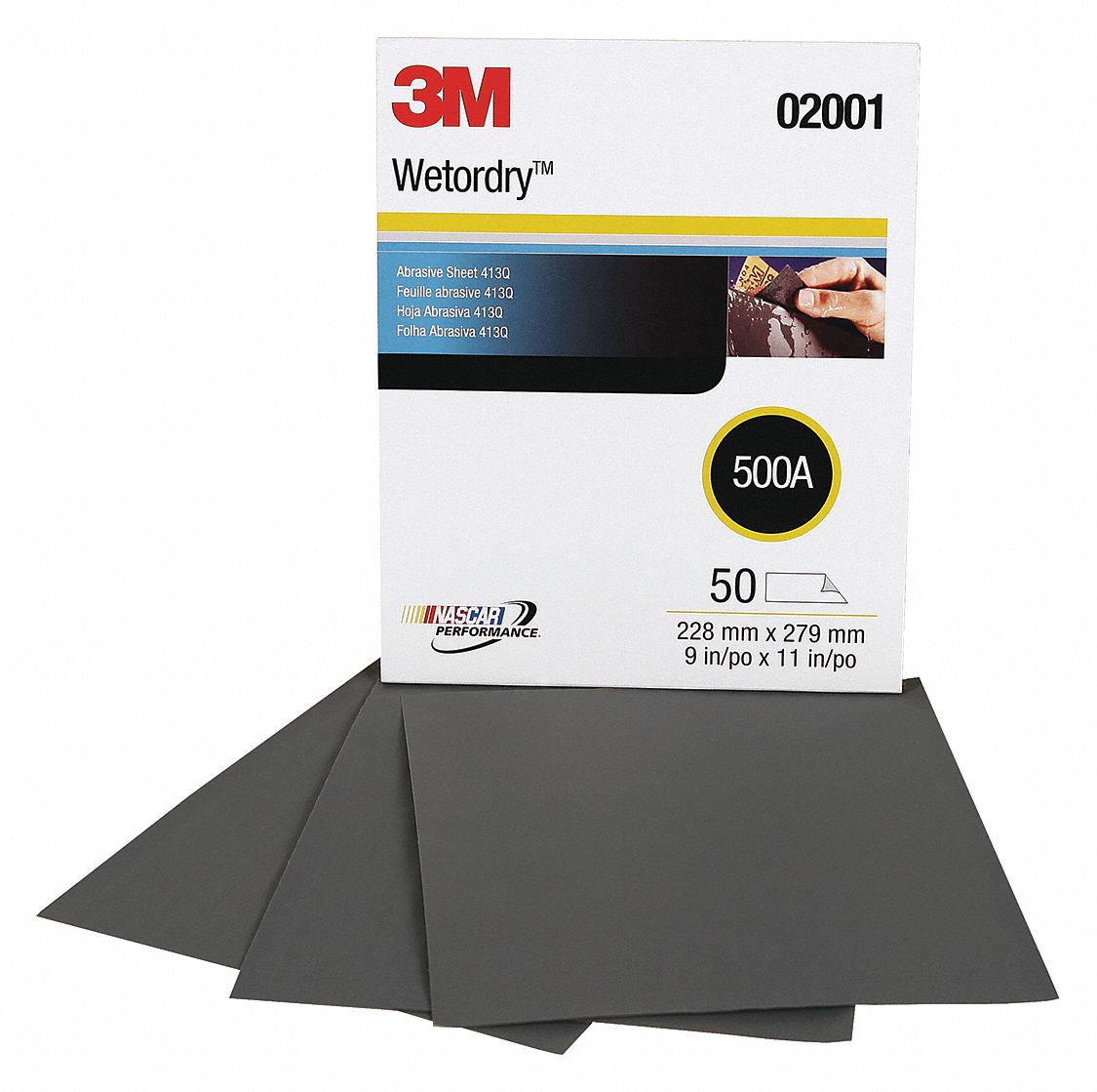 Sanding Sheet: 9 in W x 11 in L, Silicon Carbide, 500 Grit, A Wt Paper, 413Q, 50 PK