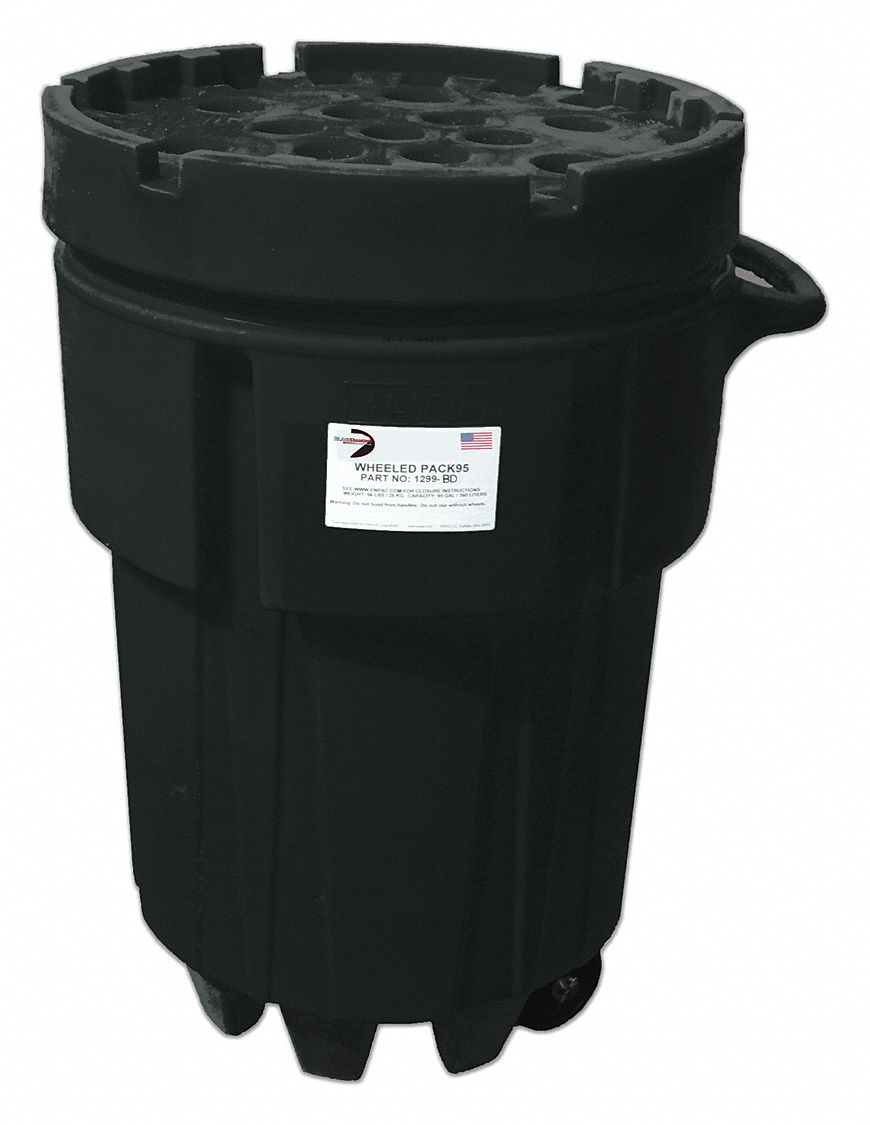 Overpack Drum: 95 gal Capacity, 47 1/2 in Overall Ht, 31 in Outside Dia., Black, Unlined