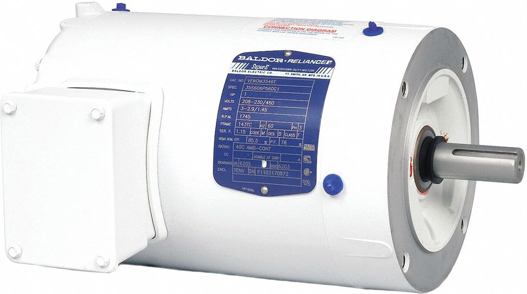 Washdown Motor: Three-Phase, 1 hp Horsepower, 1, 770 RPM RPM, 143TC Frame Size, TENV, 230V AC