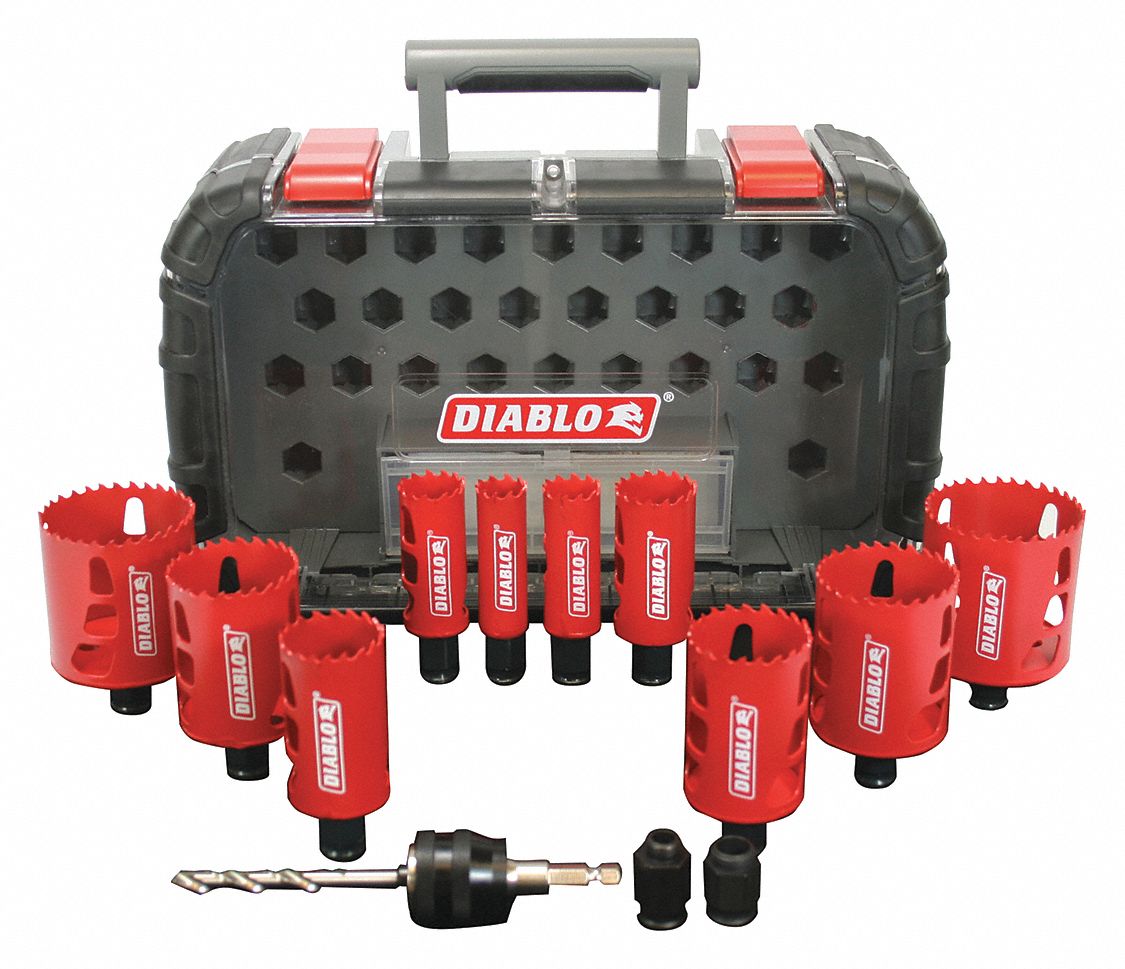 Hole Saw Set: 14 Pieces, 2 3/8 in Max. Cutting Dp, Bi-Metal, 2 9/16 in Max Saw Dia Included
