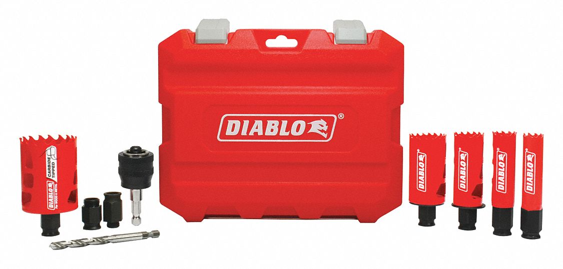 Hole Saw Set: 9 Pieces, 2 3/8 in Max. Cutting Dp, Bi-Metal, 7/8 in to 2 in Saw Size Range