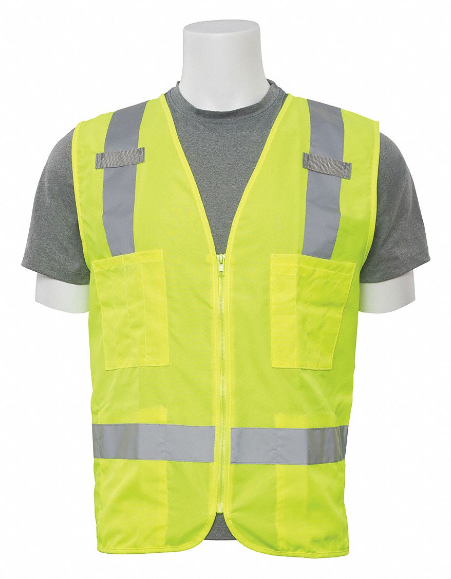 ERB SAFETY, ANSI Class 2, XL, Safety Vest,Zipper,HiViz,Lime,XL