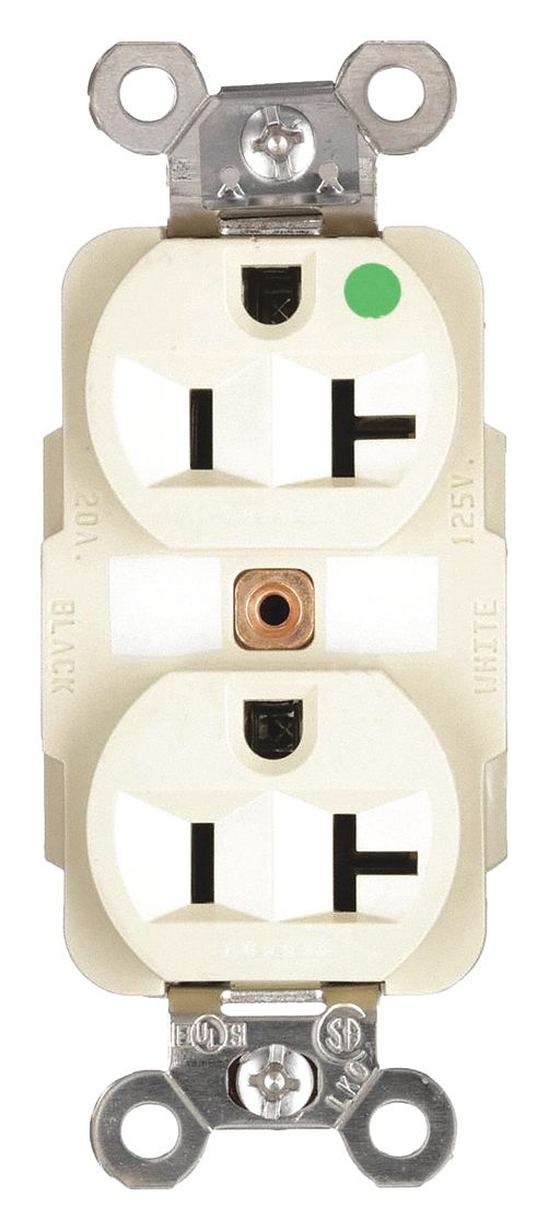 RECEPTACLE, DUPLEX, 5-20R, 20 A, 125V AC, IVORY, 2 POLE/3 WIRE POLES AND WIRES