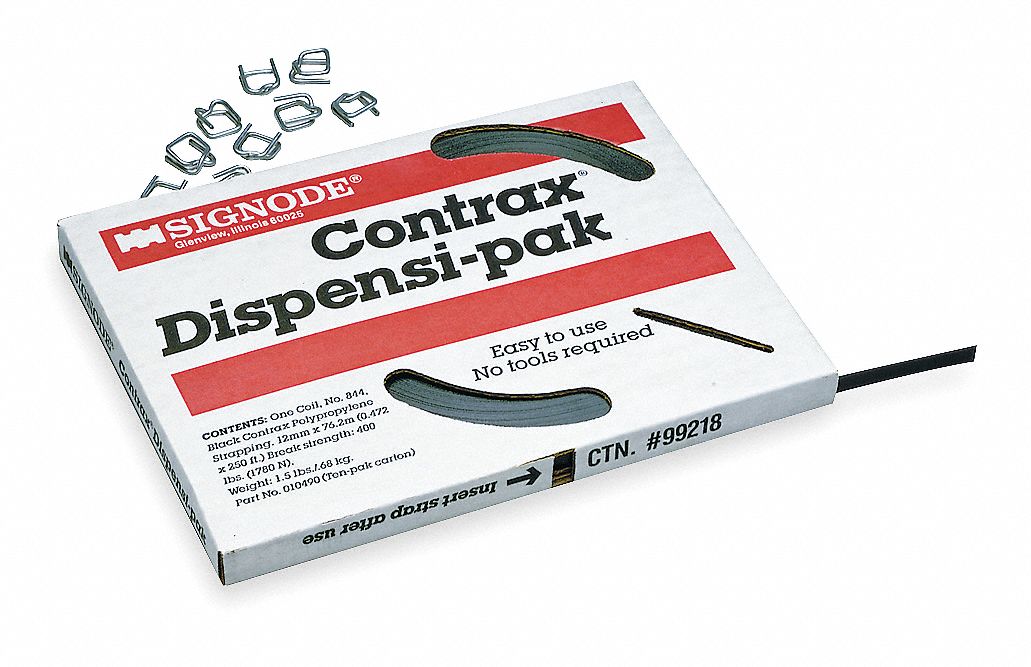 CONTRAX DISPENSI-PAK, WITH 40 STEELOCK BUCKLES, 250 FT X 1/2 IN, BLACK, POLYPROPYLENE