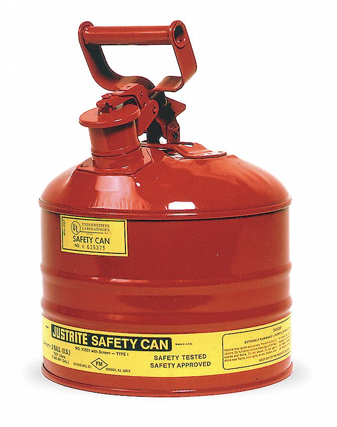 Type I Safety Can: For Use With Flammables, 2 1/2 gal Capacity, Powder Coated Steel, Red
